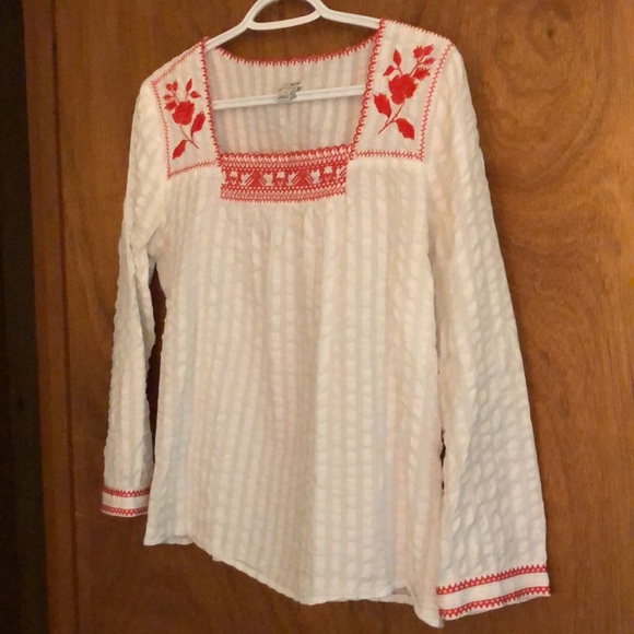 J. Crew W’s l/s 100% White cotton top with Red embroidery ~ small - Picture 5 of 11